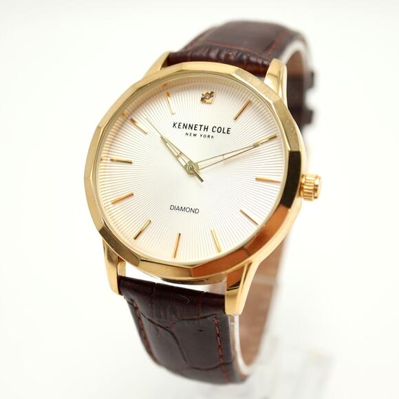 Kenneth Cole NY Gold Tone Diamond Dress 40mm Watch Brown Leather w New Battery - Picture 1 of 16